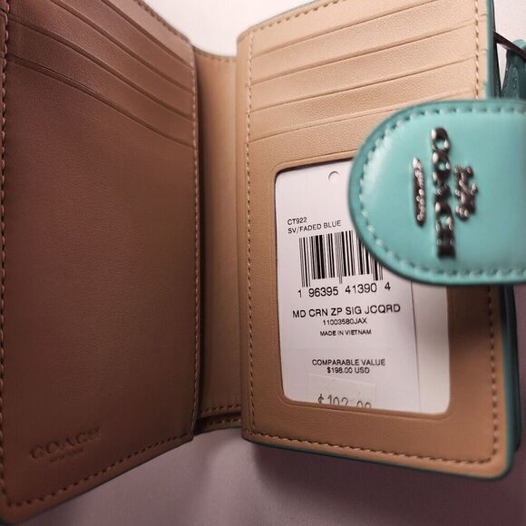 NWT Coach CT922 Medium Corner Zip Wallet Signature Jacquard Leather Faded Blue - Picture 4 of 5
